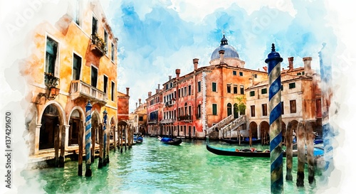 A charming Venetian canal adorned with colorful buildings and gondolas, encapsulating the vibrant culture and architectural beauty that Venice is famous for, surrounded by tranquility.