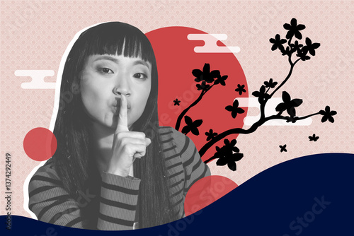 Photography Trend artwork banner sketch photo collage of young portrait keep silence gesture