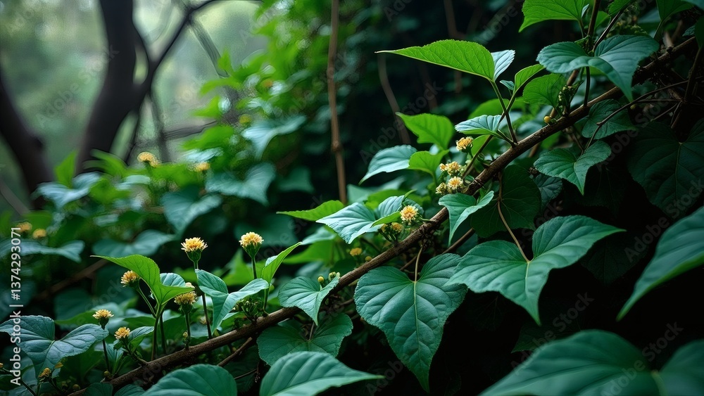 Fototapeta premium Lush green foliage with small yellow flowers in a natural, blurred setting
