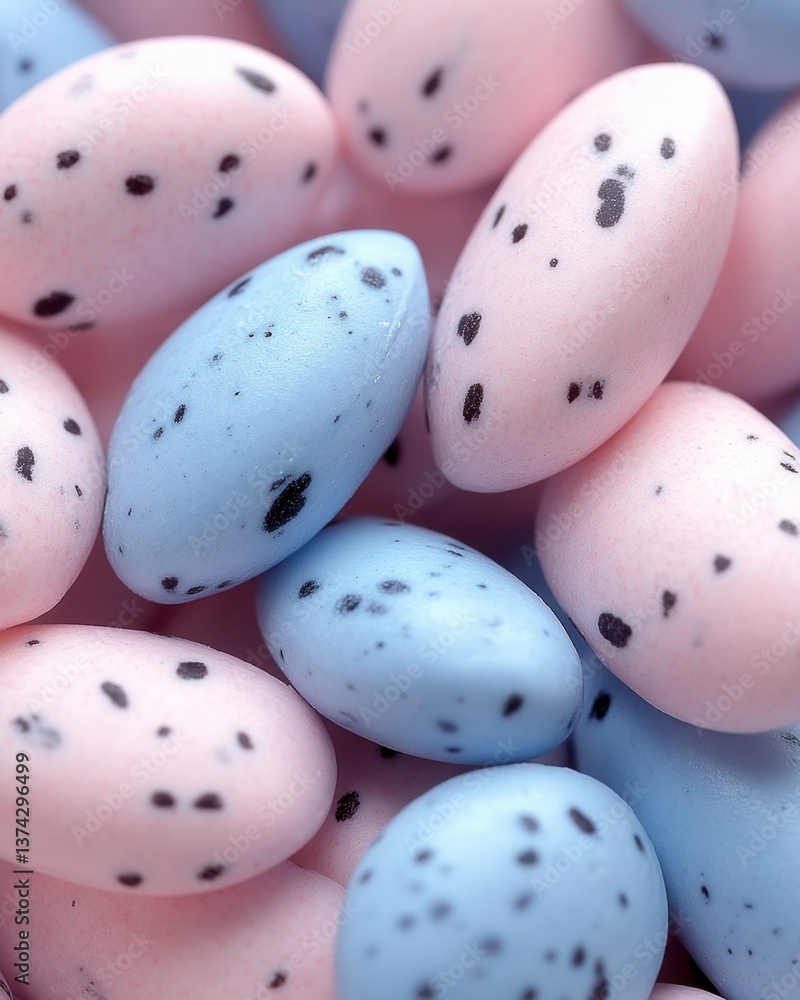 Close up of pastel colored speckled egg shaped candies in pink and blue hues creating a sweet easter mood Close up of pastel colored speckled egg shaped candies in pink and blue hues creating a sweet easter mood