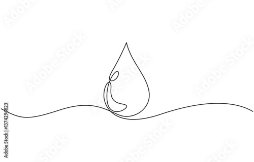 Single continuous line drawing circle made of water splashes, Continuous one line drawing of rain drop, water drop isolated on white background.