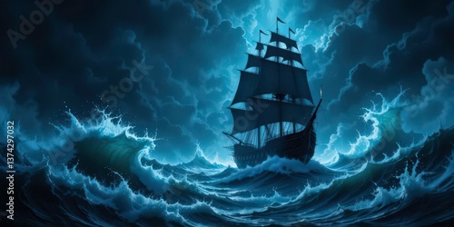  Digital Painting, The Ghost ship sailing through the waves, A ship lost at sea, The mystery of the deep and unknown