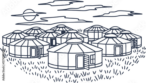 traditional yurts in open landscape under cloudy sky during sunset, nomadic circular tents illustration