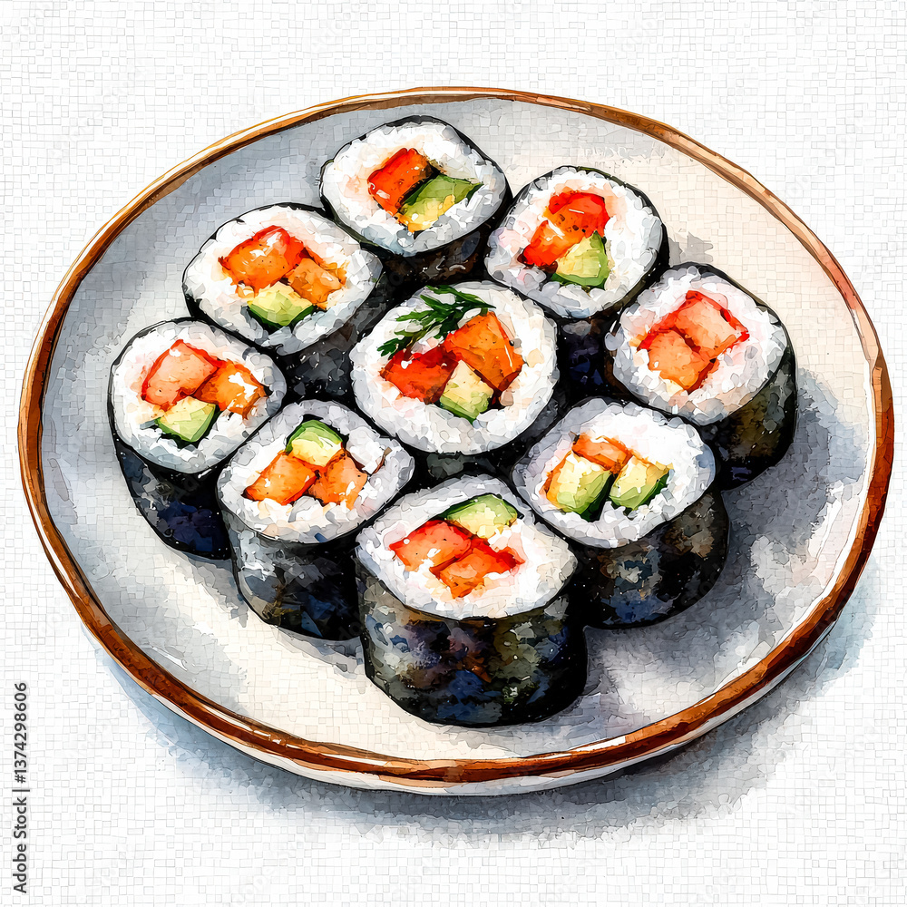 Plate of sushi with a variety of vegetables and meat Plate of sushi with a variety of vegetables and meat