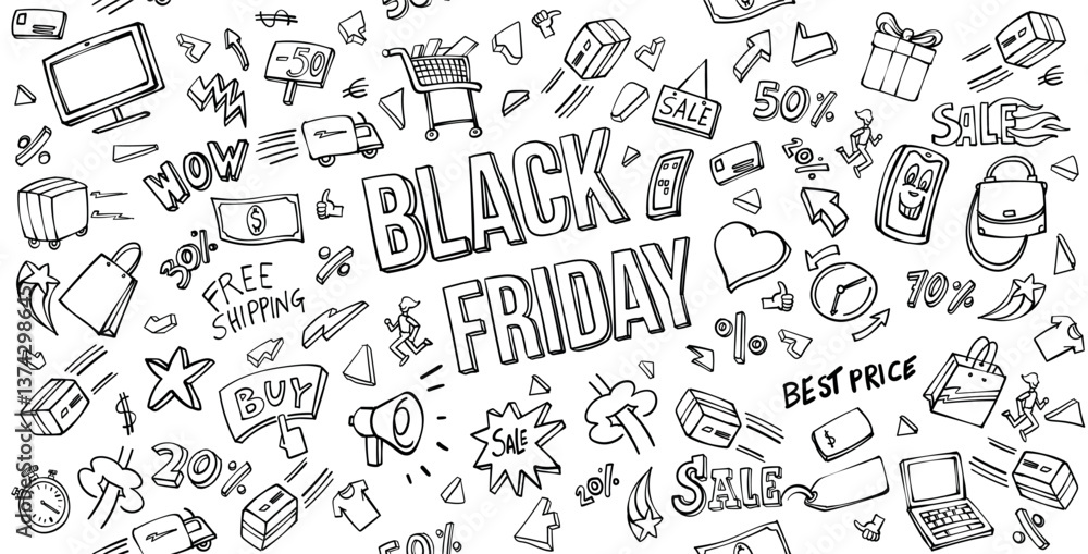 Black Friday elements set background .Vector Illustration doodle Style Black Friday elements set background .Vector Illustration doodle Style