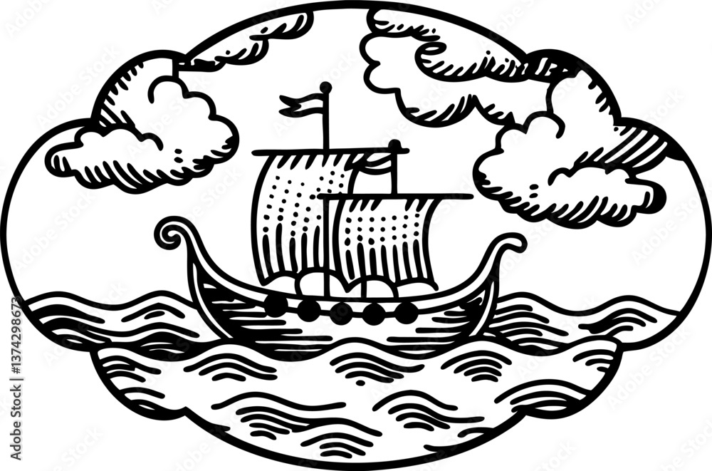Naklejka premium Vintage ship illustration sailing vessel amidst waves and clouds in retro