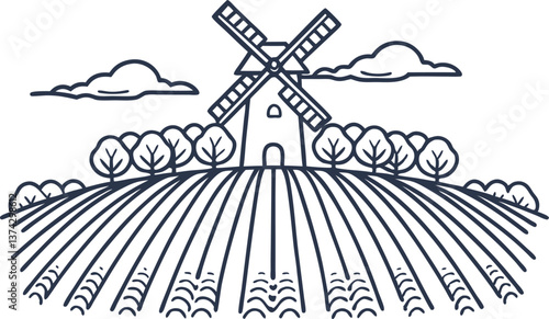 windmill on countryside landscape with trees and fields under a cloudy sky