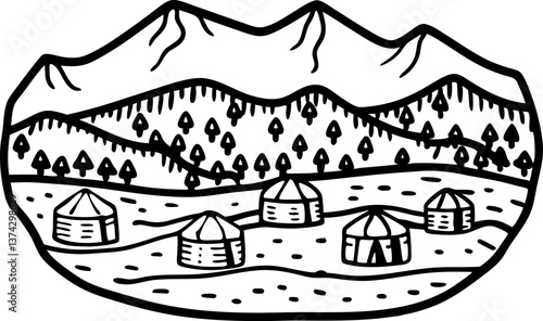 Illustration of yurts in mountainous landscape with forest