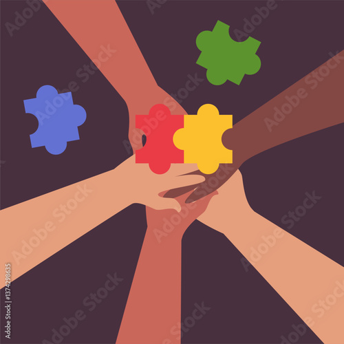 Autistic different nationalities children's therapy with psychologist. Flat vector illustration in cartoon style.