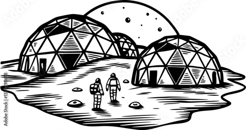 futuristic moon settlement with geodesic domes and astronauts in space exploration scene