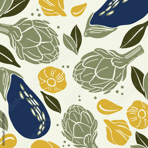 Seamless vegetable pattern with artichokes, eggplants and abstract garlic in flat hand-drawn style. Stylish kitchen design, organic food and healthy lifestyle concept.