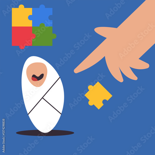 Autistic baby born child therapy with psychologist. Flat vector illustration in cartoon style.