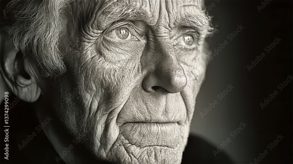 Photorealistic portrait of an elderly man, deep wrinkles, dramatic lighting, black and white, strong contrast emphasizin Photorealistic portrait of an elderly man, deep wrinkles, dramatic lighting, black and white, strong contrast emphasizin