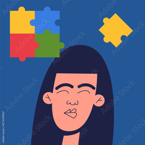 Autistic Girl child therapy with psychologist. Flat vector illustration in cartoon style.