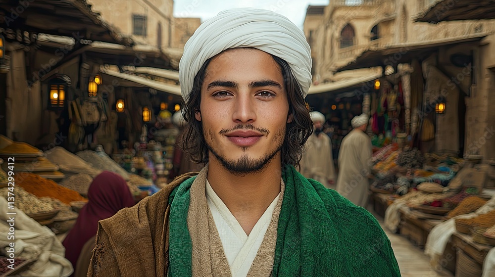 Obraz premium A Young Man in Traditional Attire at a bustling Middle Eastern Market