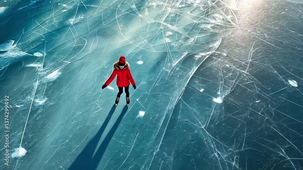 Girl in red coat skating alone on cracked frozen lake with sun reflection and deep blue ice. Concept of solitude and winter wonder Girl in red coat skating alone on cracked frozen lake with sun reflection and deep blue ice. Concept of solitude and winter wonder