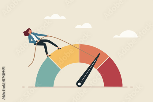 Reduce risk level or decrease stress anxiety meter, lower danger indicator or scale, reduce from red alert meter to be green chart concept, businesswoman pull meter to reduce risk or stress level.