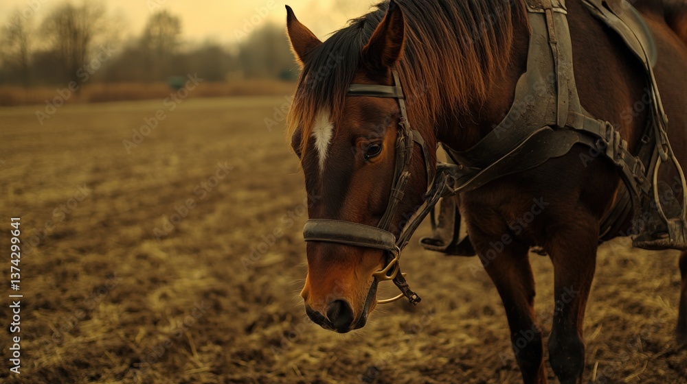 Obraz premium Majestic Brown Horse Wearing Harness in a Serene Landscape at Dusk, Symbolizing Strength and Grace in Outdoor Farming Environment