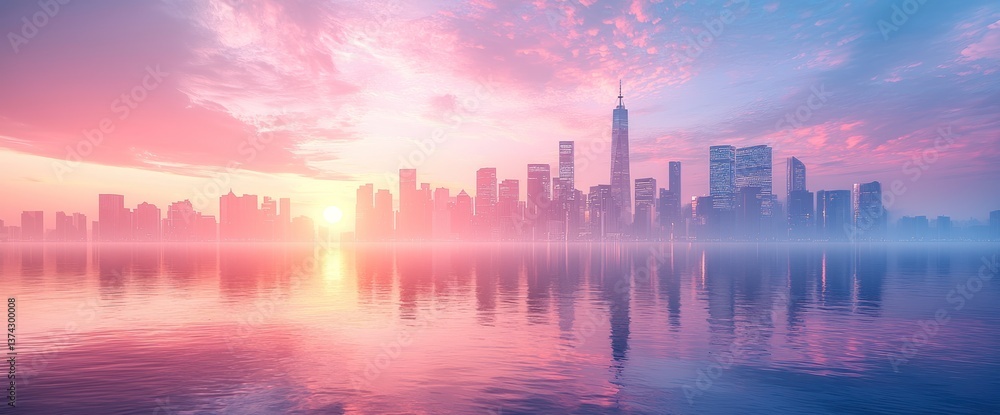 Fototapeta premium City skyline at sunrise, tranquil reflection