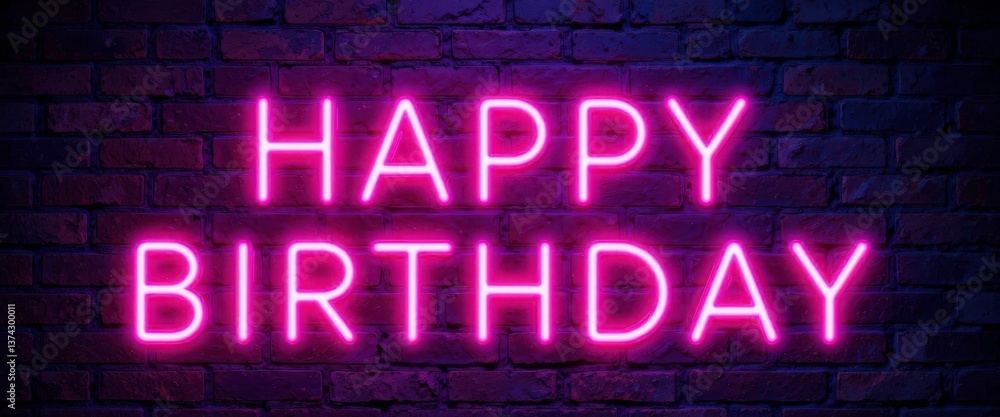 Obraz premium A Vibrant Birthday Message in Glowing Neon Letters Against a Dark Brick Wall