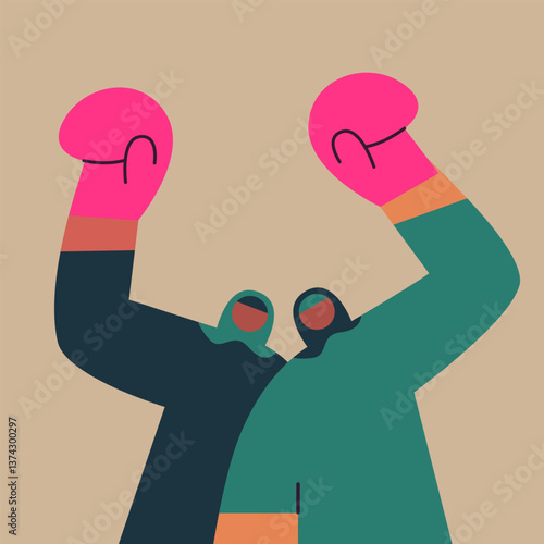 Boxing gloves women. Muslim women boxing training. Flat vector illustration in cartoon style.