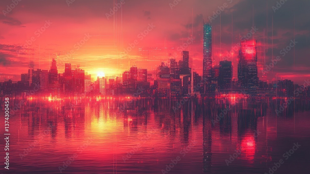 Naklejka premium Futuristic city sunrise, vibrant colors