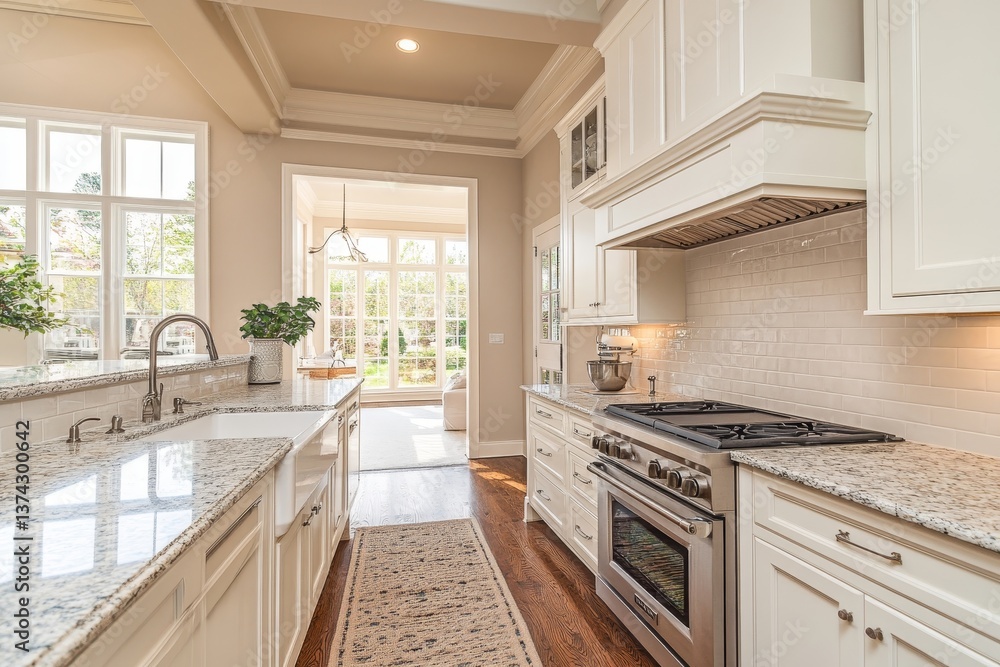 Bright kitchen with white cabinets granite countertops and stainless steel appliances and a view to a sunroom Bright kitchen with white cabinets granite countertops and stainless steel appliances and a view to a sunroom