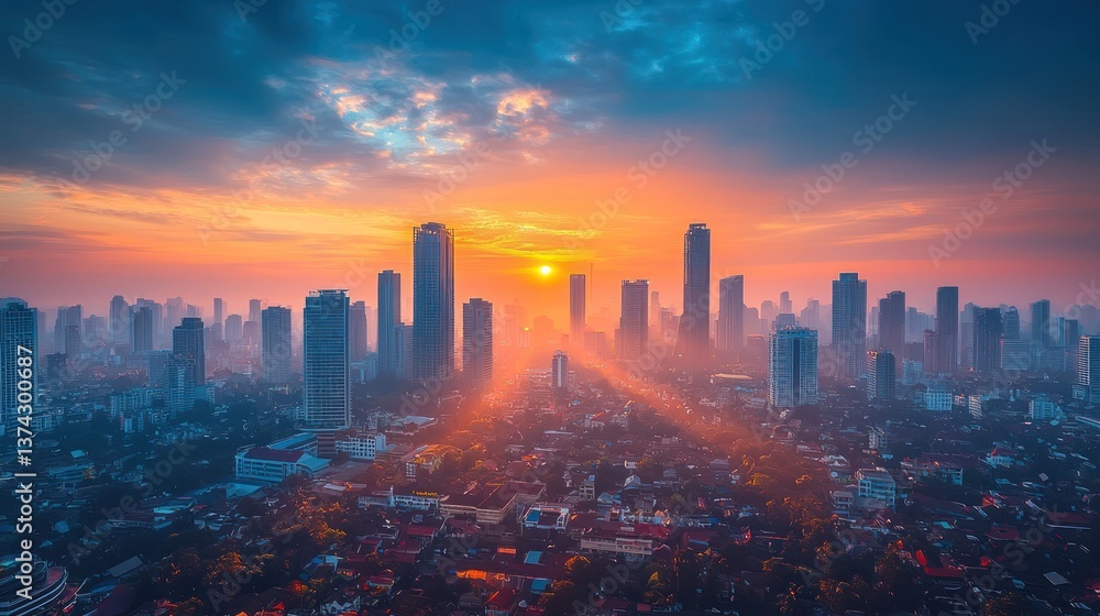 Fototapeta premium Sunrise over a bustling city