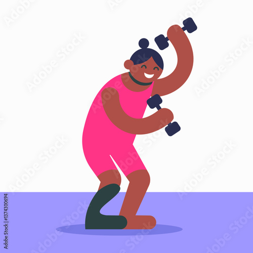 Disabled athletes girl in gym workout. Flat vector illustration in cartoon style.