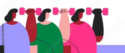 Disabled athletes women in gym workout. Flat vector illustration in cartoon style.