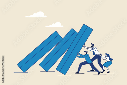 Teamwork to solve problem, team effort help stop crisis, responsibility to stop failure, support or trustworthy or courage to success concept, business people colleagues help stop domino falling.
