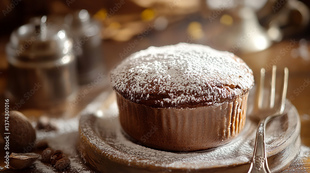Soft chocolate soufflé dusted with powdered sugar Soft chocolate soufflé dusted with powdered sugar