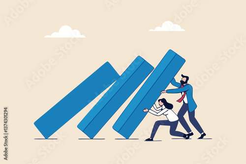 Teamwork to solve problem, team effort help stop crisis, responsibility to stop failure, support or trustworthy or courage to success concept, business people colleagues help stop domino falling.
