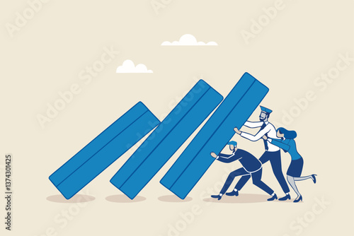 Teamwork to solve problem, team effort help stop crisis, responsibility to stop failure, support or trustworthy or courage to success concept, business people colleagues help stop domino falling.