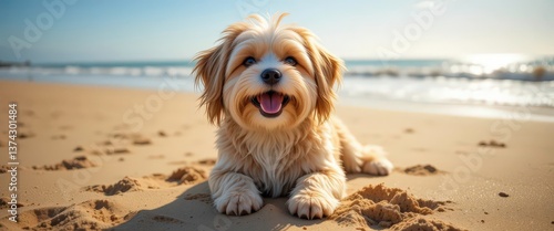 Foto Joyful Havanese on the Beach with Sunlit Fur and Ocean Waves, A Classic Canine Portrait
