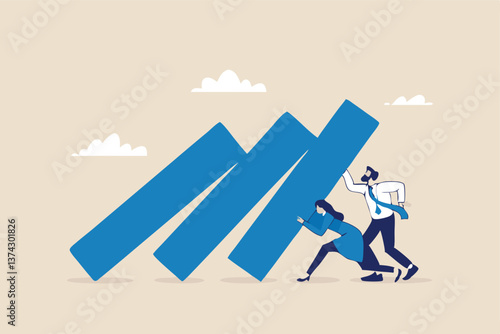 Teamwork to solve problem, team effort help stop crisis, responsibility to stop failure, support or trustworthy or courage to success concept, business people colleagues help stop domino falling.