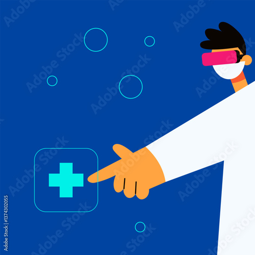 VR for telemedicine. Doctor in virtual reality glasses. Flat vector illustration in cartoon style.
