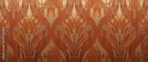  Art Deco Symmetrical Geometric Design Terracotta and Bronze Wallpaper for a Balanced and Harmonious Space