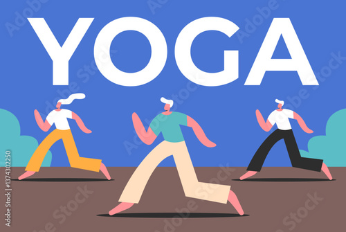 Elderly yoga class outdoor. Flat vector illustration in cartoon style.