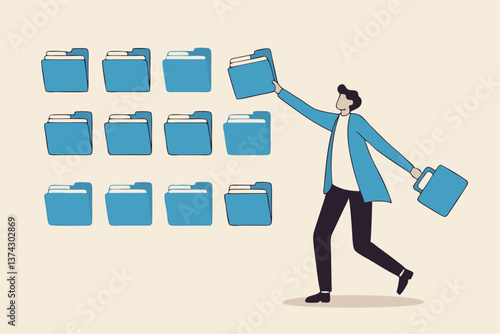 Organize files folder or archive document to be index, administration work, plan or file management, arrange online data or paperwork concept, businessman organize document file into archive folders.