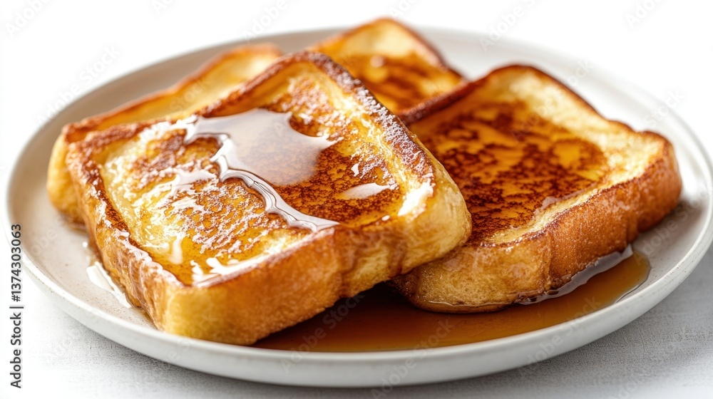 Golden french toast with dripping maple syrup on a white plate a delicious breakfast treat close up shot with selective focus and warm light Golden french toast with dripping maple syrup on a white plate a delicious breakfast treat close up shot with selective focus and warm light