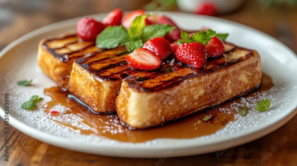 Golden french toast adorned with ripe strawberries and fresh mint leaves on a white plate breakfast delight Golden french toast adorned with ripe strawberries and fresh mint leaves on a white plate breakfast delight