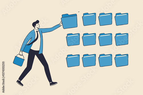 Organize files folder or archive document to be index, administration work, plan or file management, arrange online data or paperwork concept, businessman organize document file into archive folders.