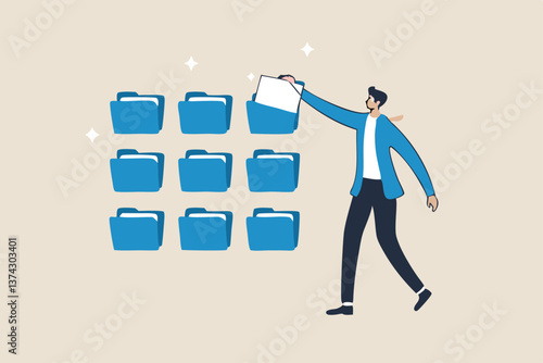 Organize files folder or archive document to be index, administration work, plan or file management, arrange online data or paperwork concept, businessman organize document file into archive folders.