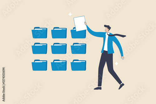 Organize files folder or archive document to be index, administration work, plan or file management, arrange online data or paperwork concept, businessman organize document file into archive folders.