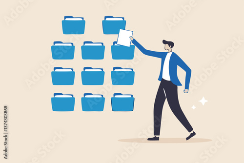 Organize files folder or archive document to be index, administration work, plan or file management, arrange online data or paperwork concept, businessman organize document file into archive folders.
