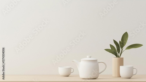 Wallpaper Mural White teapot and two cups on a wooden table against a plain white wall. on the right side of the table, there is a small plant with green leaves in a wooden vase. Torontodigital.ca