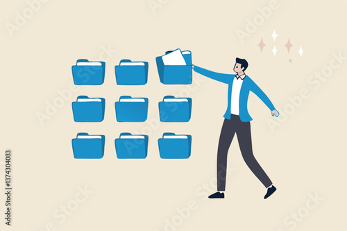 Organize files folder or archive document to be index, administration work, plan or file management, arrange online data or paperwork concept, businessman organize document file into archive folders.