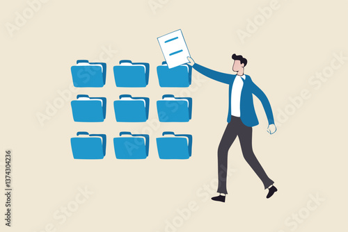 Organize files folder or archive document to be index, administration work, plan or file management, arrange online data or paperwork concept, businessman organize document file into archive folders.