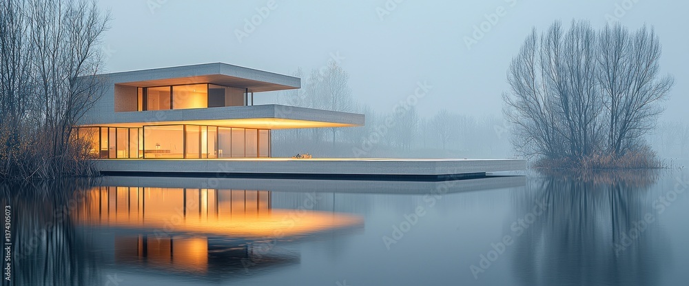Modern house on a lake in the fog Modern house on a lake in the fog